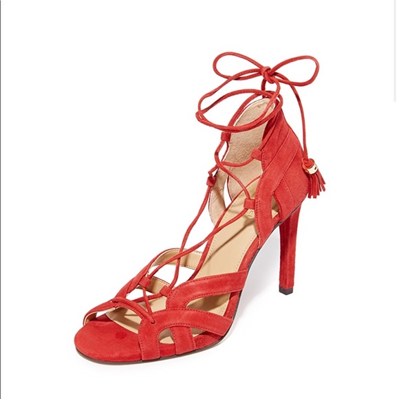 Lux Ruby Red Suede Crisscross Lace Up Heel Sandal - Picture 2 of 4